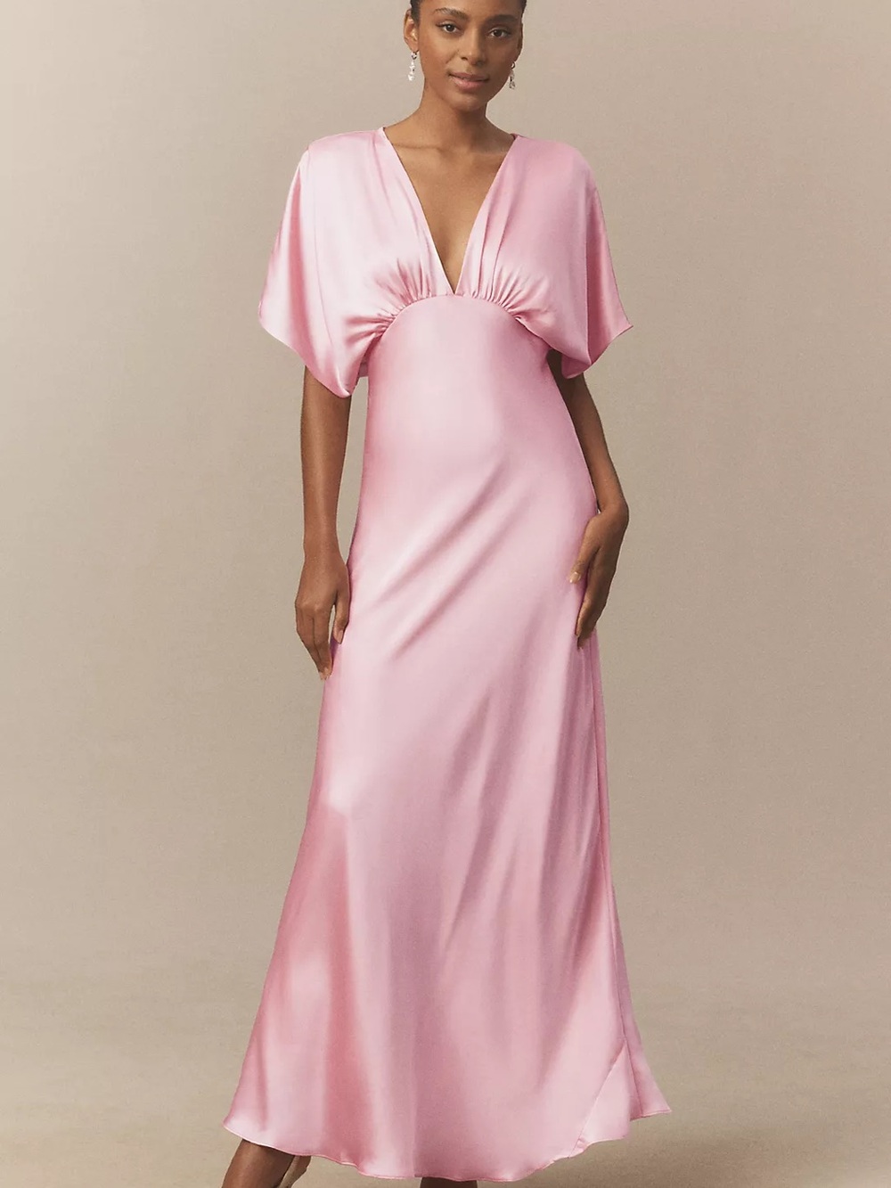 BHLDN Anthropologie Amelia Deep-V Flutter-Sleeve Satin A-Line Gown Blush Pink S